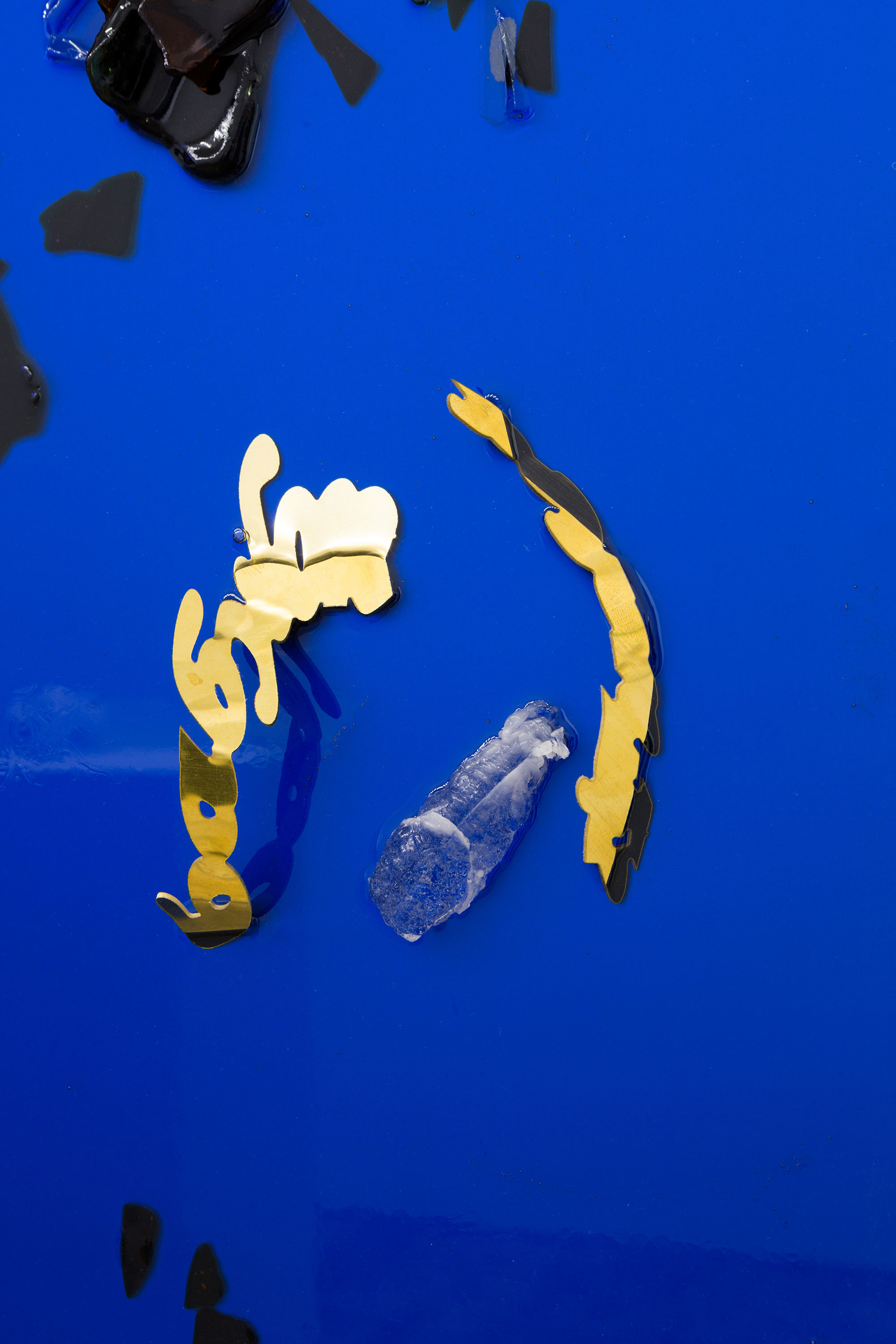 "iFucked Babylon – Trawler tray with scampi" (detail), 2016, brass, anodised aluminium, epoxy resin, sea glass, 48 × 75 × 2 cm