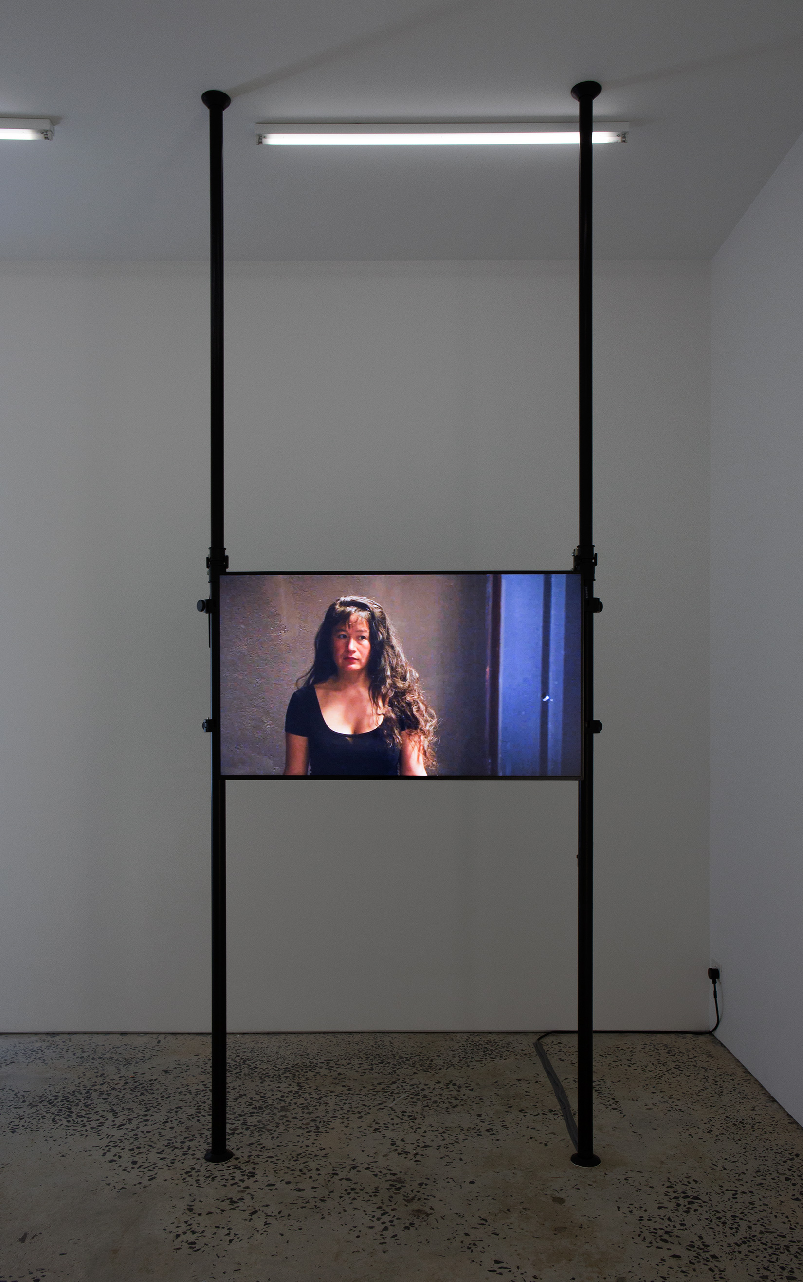 Hito Steyerl, "STRIKE", 2010, Single channel HD Video (28 sec loop), black aluminium scaffolding, 3200 × 1200 mm