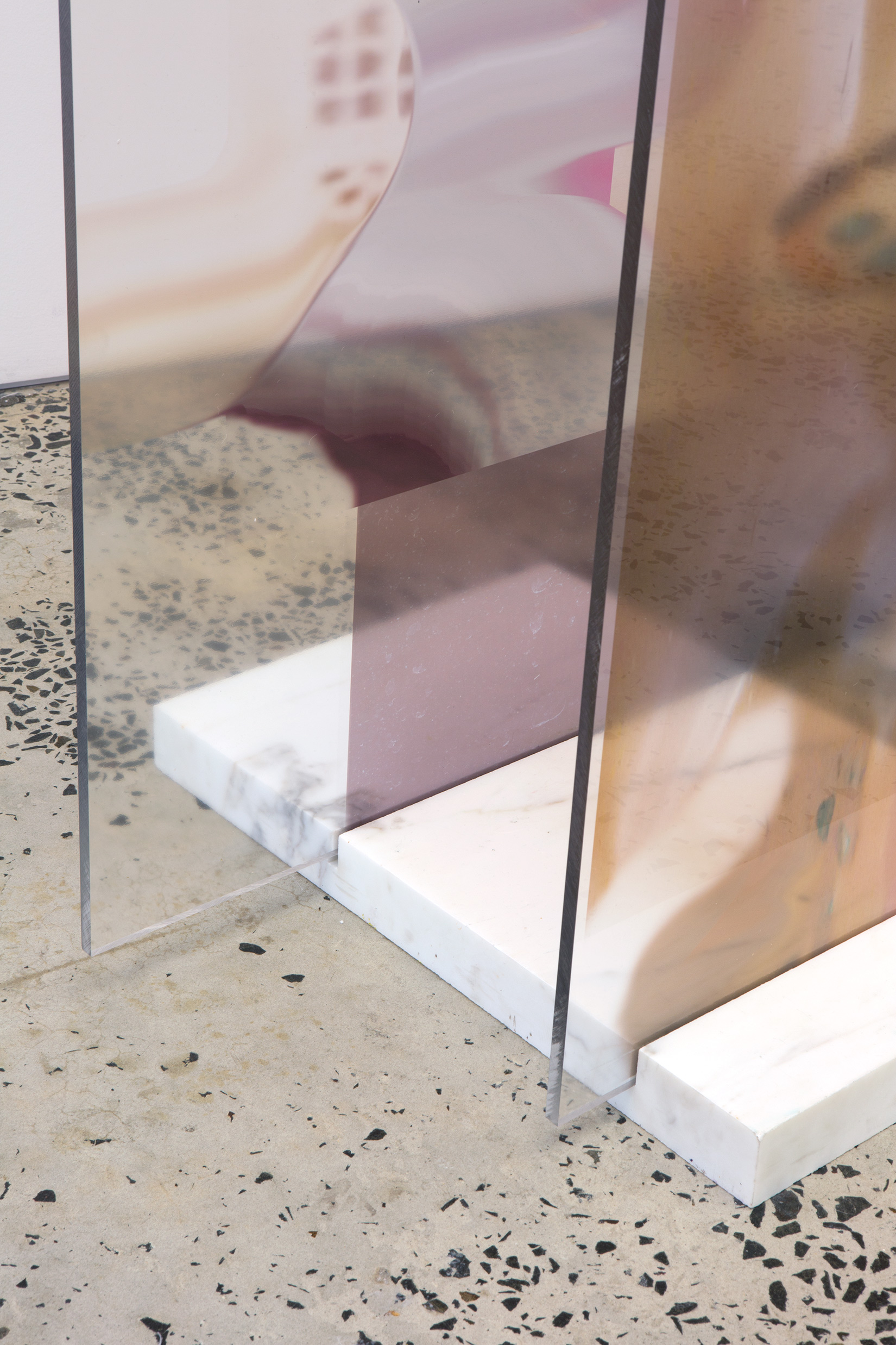 Marian Tubbs, “to banish air with air” (detail), 2014, Digital prints on SAV clear, acrylic, marble 1450 × 1390 × 645 mm