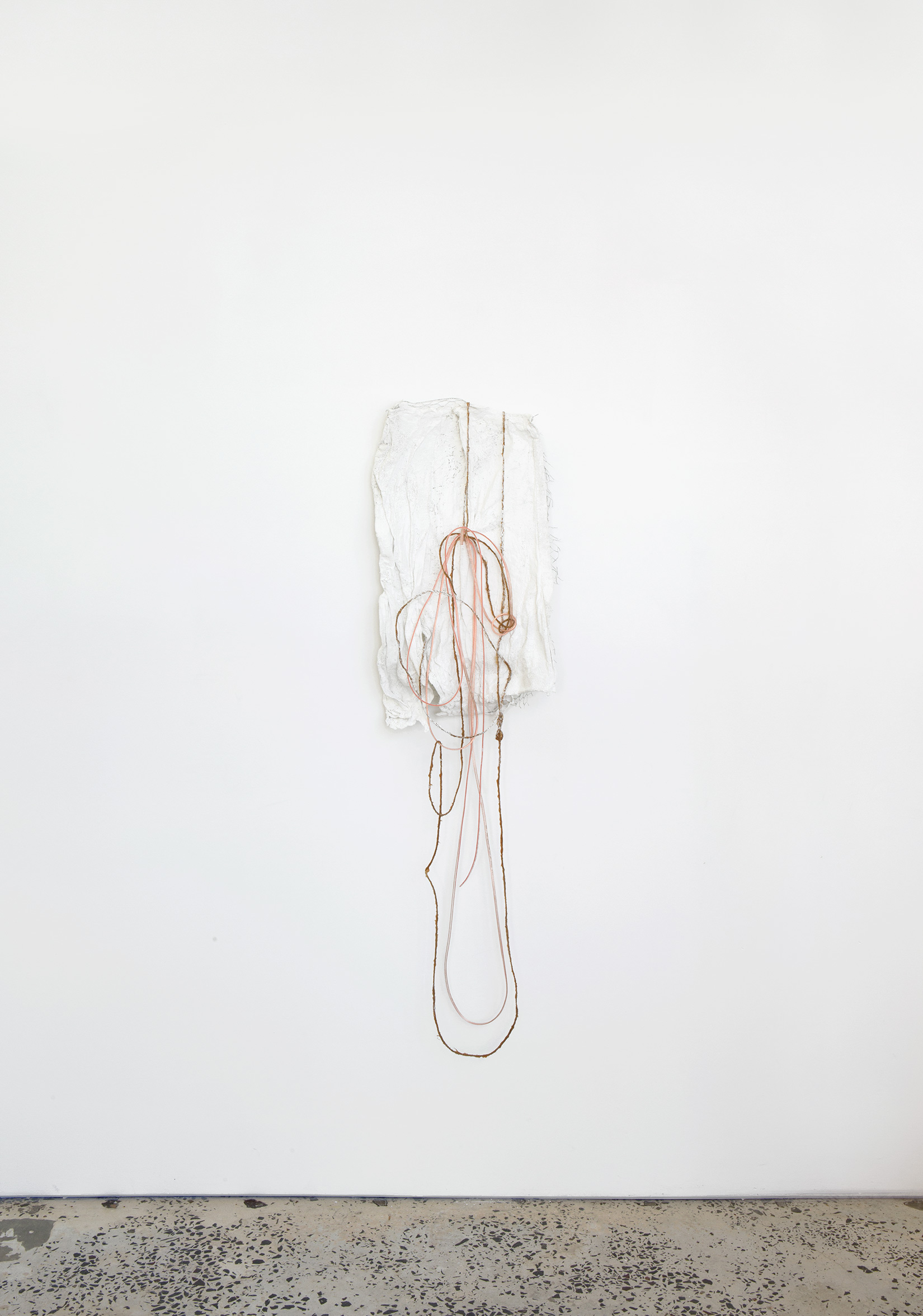 Marian Tubbs, “to bribe them by a rose”, 2014, twine, latex, speaker cable, plaster bandage, wire, 1300 × 350 × 120 mm