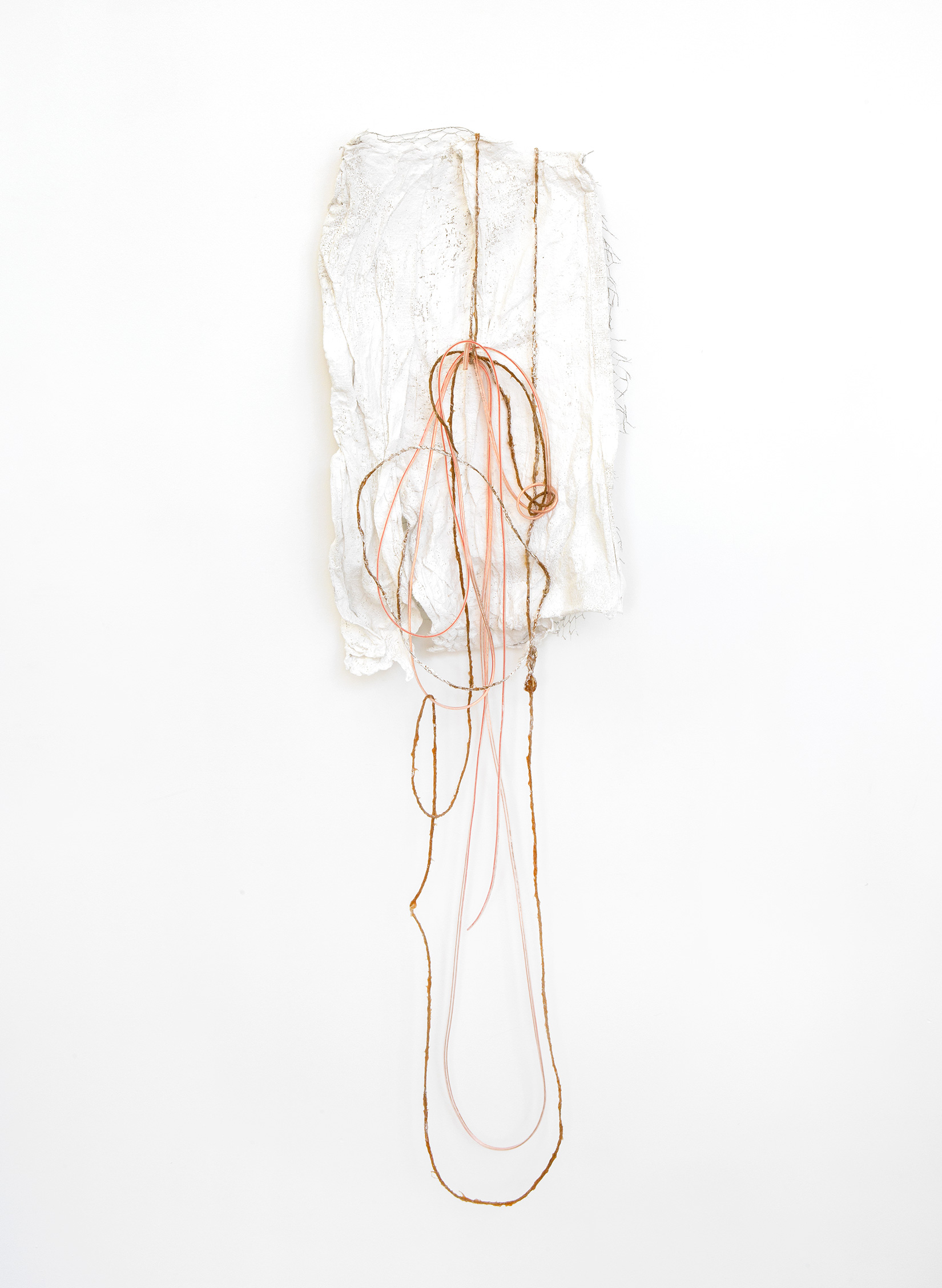 Marian Tubbs, “to bribe them by a rose”, 2014, twine, latex, speaker cable, plaster bandage, wire, 1300 × 350 × 120 mm